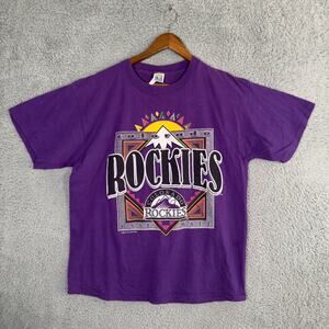 Vtg 90s Colorado Rockies T-Shirt Baseball Logo MLB Purple Graphic Tee XL